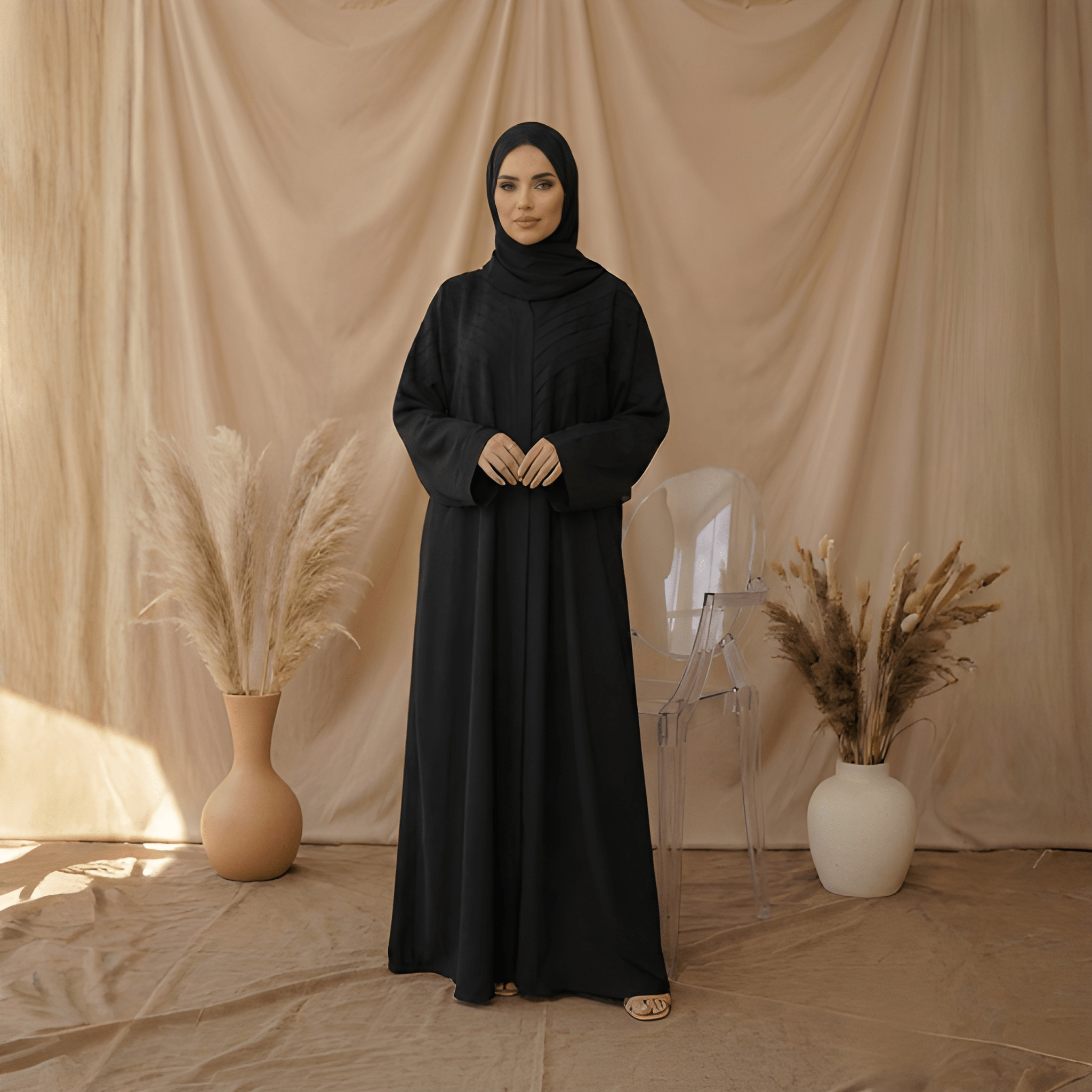 Midnight Grace black open-front kaftan abaya in lightweight Nida fabric — Bin Ibrahim Pakistan