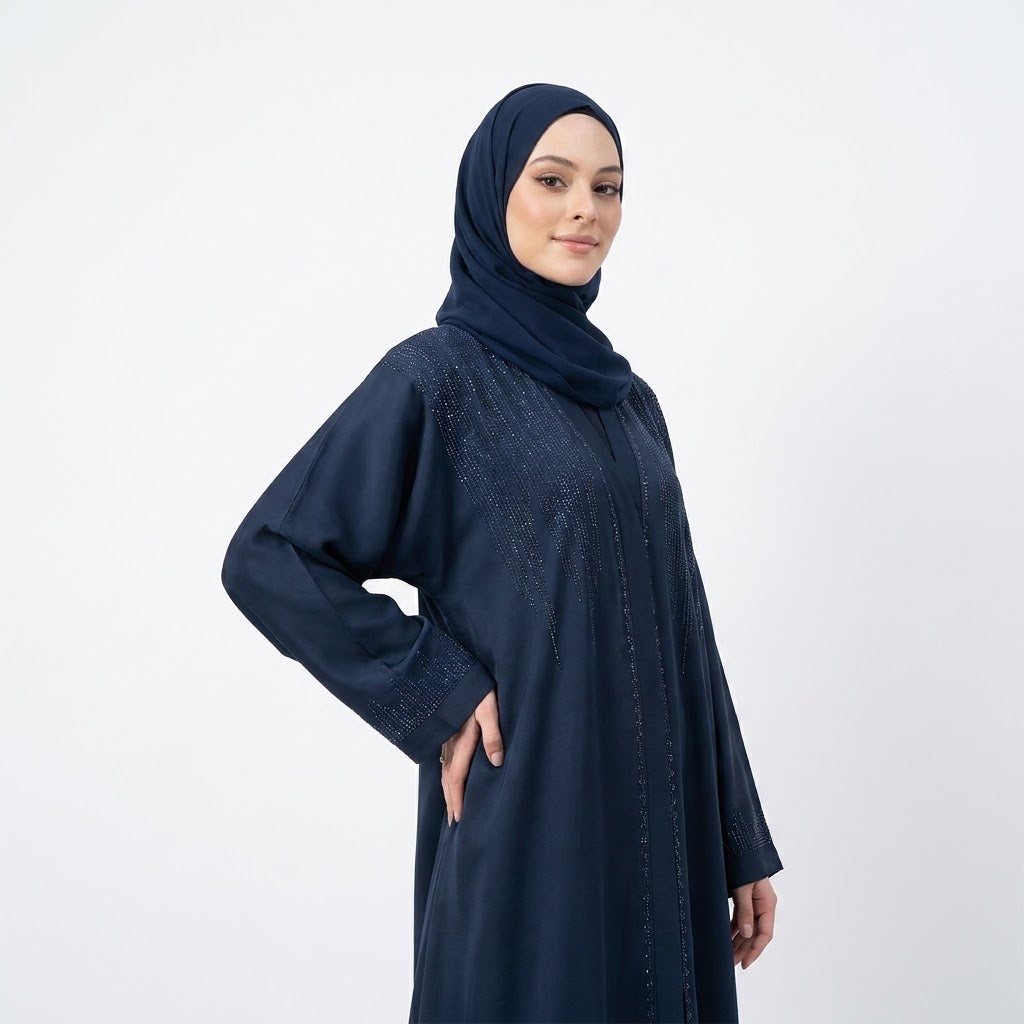 Front view of Navy Monochrome DMC Abaya - premium TikTok fabric modest wear