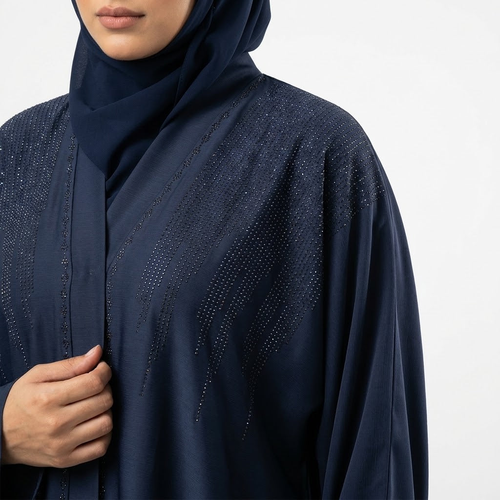 Close-up detail of Navy Monochrome DMC Abaya showcasing tone-on-tone navy DMC stones