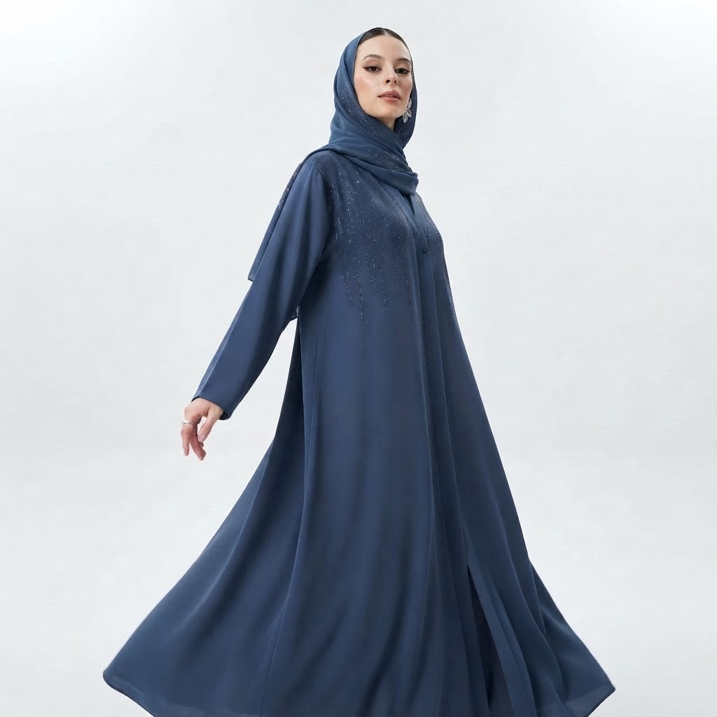 Side view of Navy Monochrome DMC Abaya open front abaya