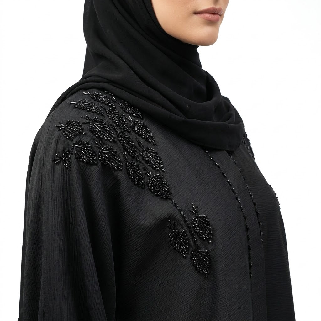 Front view of Onyx Cut Dana Embellished Coat - premium Zoom fabric modest wear
