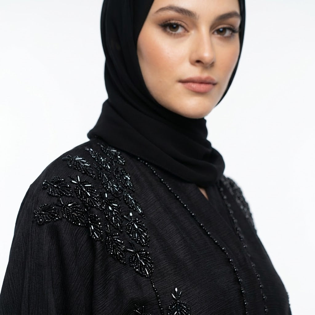 Side view of Onyx Cut Dana Embellished Coat open front abaya