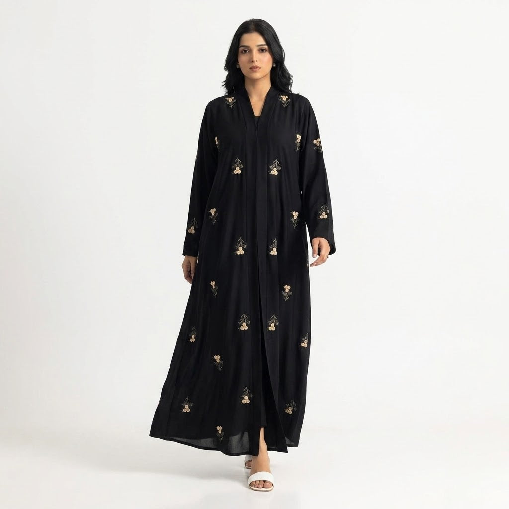 Front view of Delicate Floral Sprig Coat - premium Premium Nida (Nidha) Fabric modest wear