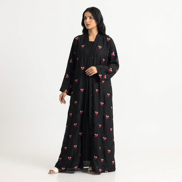 Side profile of Magenta Rosette Leaf Coat highlighting the silhouette