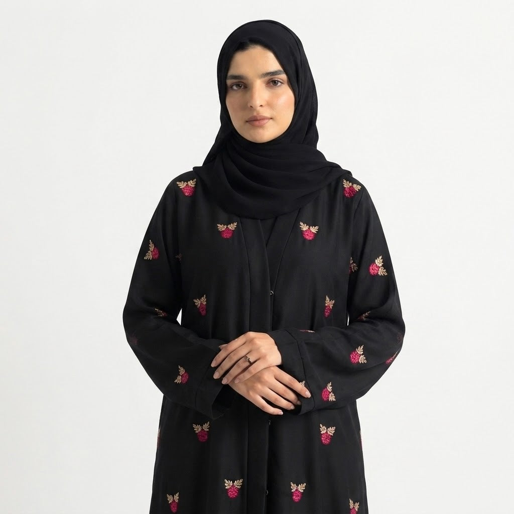 Styled look of Magenta Rosette Leaf Coat, perfect for daily luxury wear, semi-formal gatherings, festive celebrations, and boutique modest wear