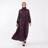 Front view of Plum Floral Sprig Nida Gown - closed pullover abaya with floral embroidery