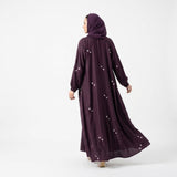 Plum Floral Sprig Nida Gown styled with tie belt detail