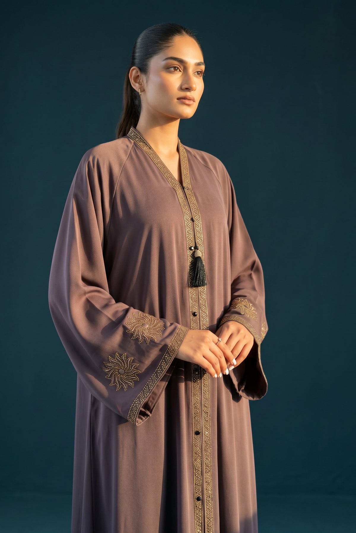 Front view of Dusty Plum Celestial Abaya - premium Nida fabric full-flare abaya