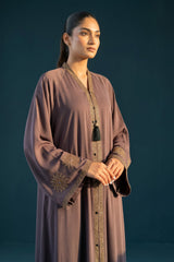 Front view of Dusty Plum Celestial Abaya - premium Nida fabric full-flare abaya