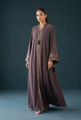 Full length standing view of Dusty Plum Celestial Abaya
