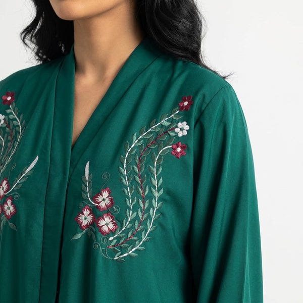 Front view of Crimson Flora Paisley Coat - premium Premium Nida (Nidha) Fabric modest wear
