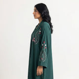 Styled look of Crimson Flora Paisley Coat, perfect for semi-formal wear, festive gatherings, and daily boutique modest wear