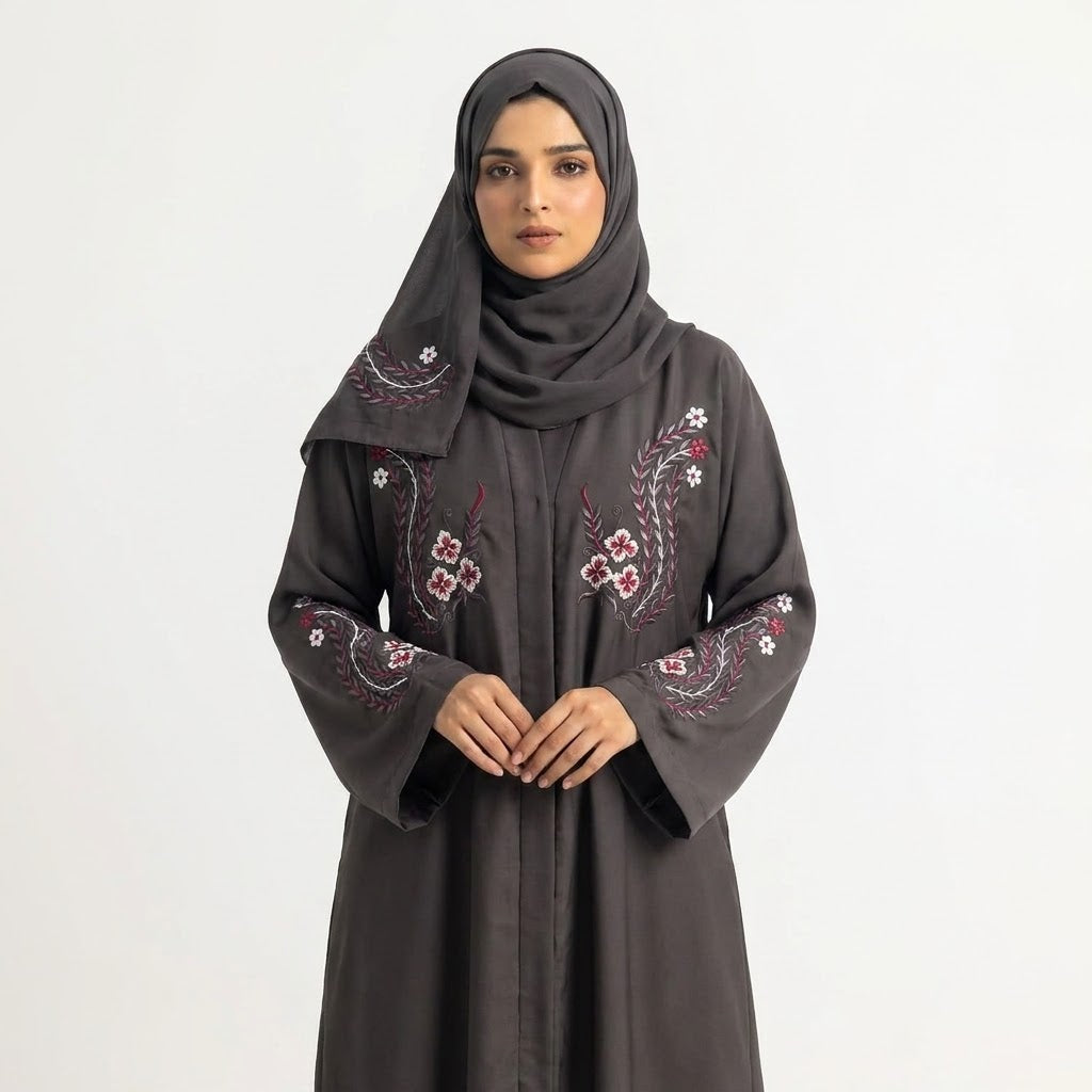 Front view of Brown Crimson Flora Paisley Coat - premium Premium Nida (Nidha) Fabric modest wear