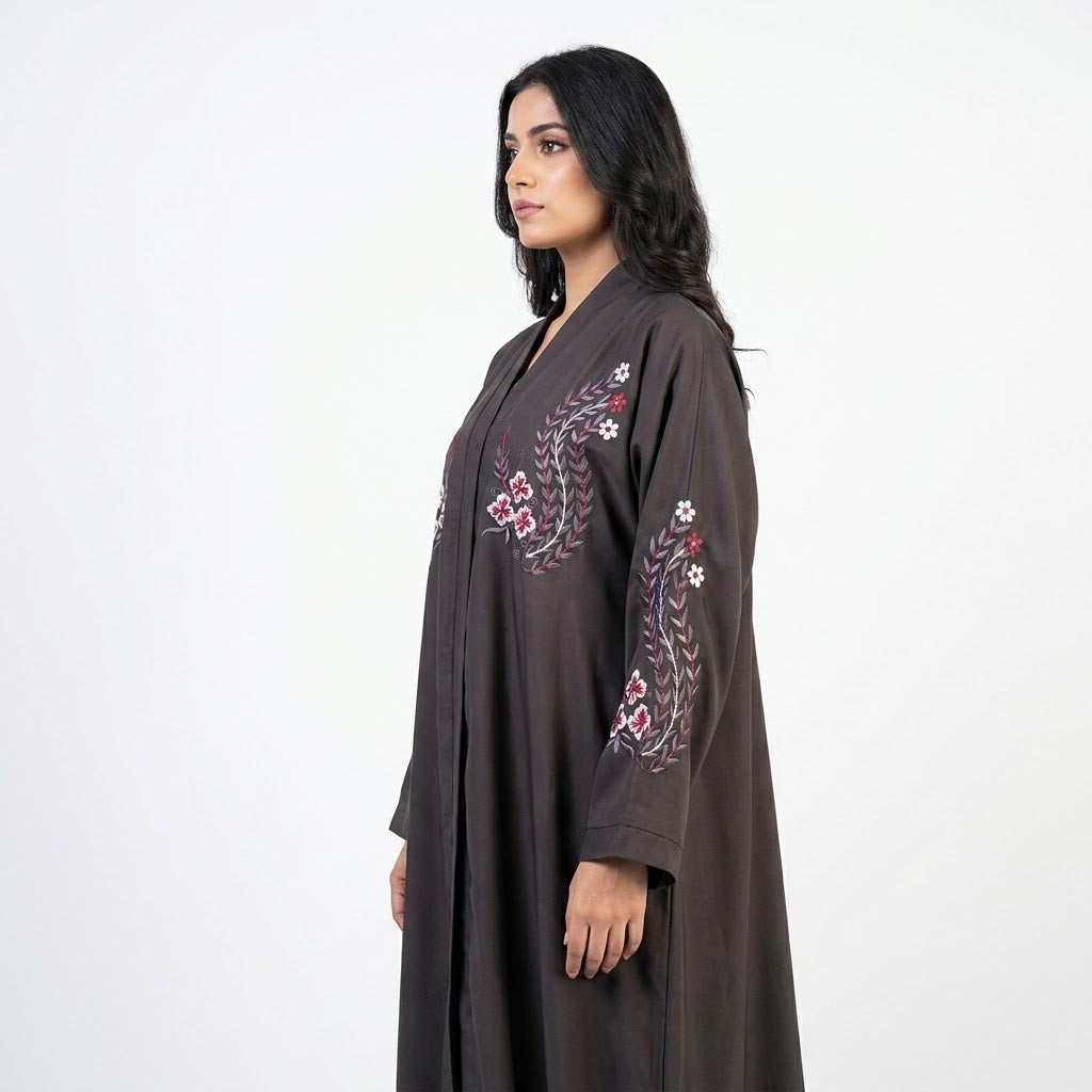 Close-up detail of Brown Crimson Flora Paisley Coat showcasing the design work
