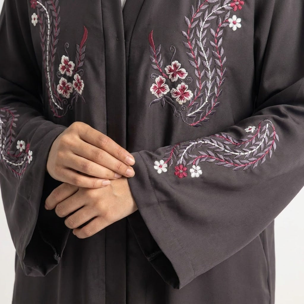 Styled look of Brown Crimson Flora Paisley Coat, perfect for semi-formal wear, festive gatherings, and daily boutique modest wear