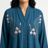 Styled look of Floral Paisley Leaf Coat, perfect for semi-formal wear, festive gatherings, and daily boutique modest wear