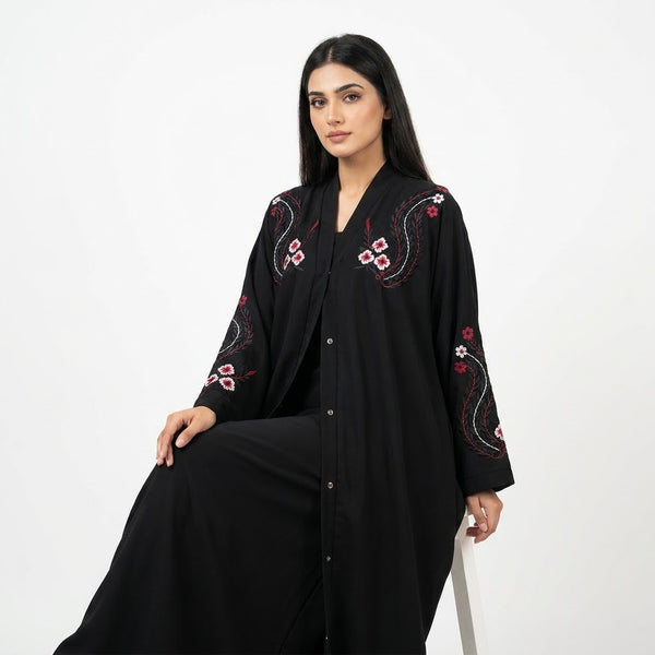 Close-up detail of Black Crimson Flora Paisley Coat showcasing the design work