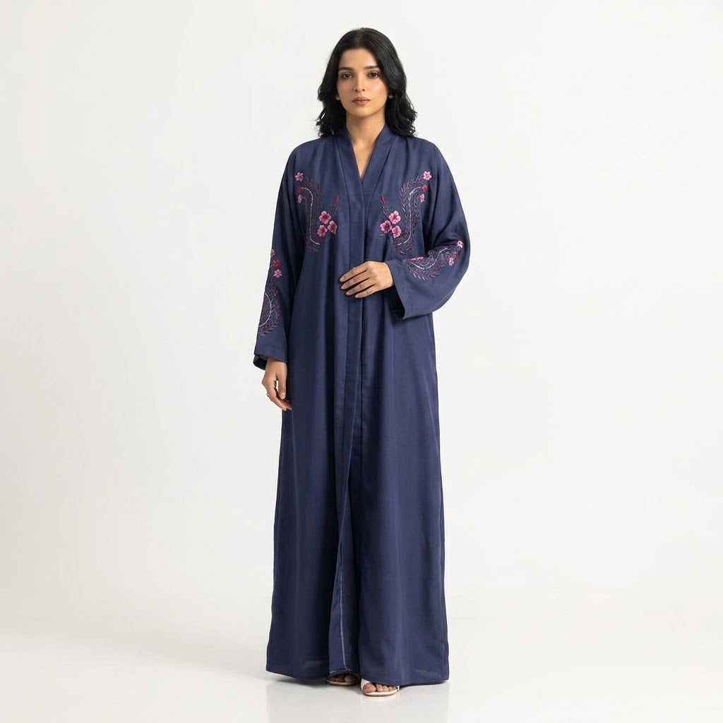 Front view of Navy Crimson Flora Paisley Coat - premium Premium Nida (Nidha) Fabric modest wear