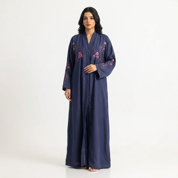 Front view of Navy Crimson Flora Paisley Coat - premium Premium Nida (Nidha) Fabric modest wear