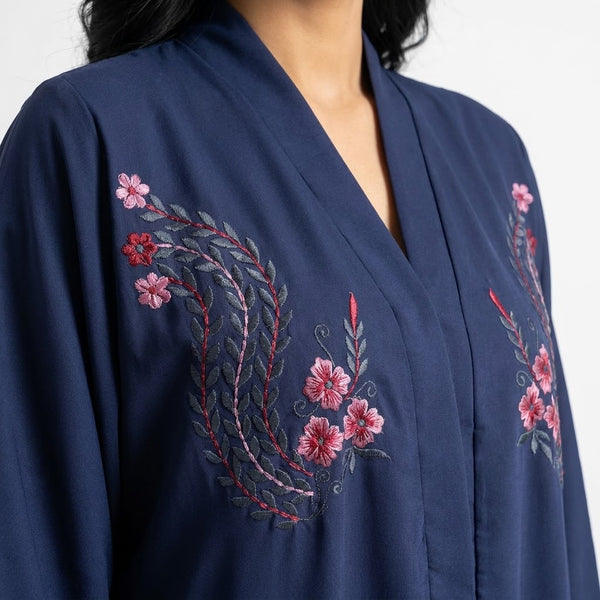Close-up detail of Navy Crimson Flora Paisley Coat showcasing the design work