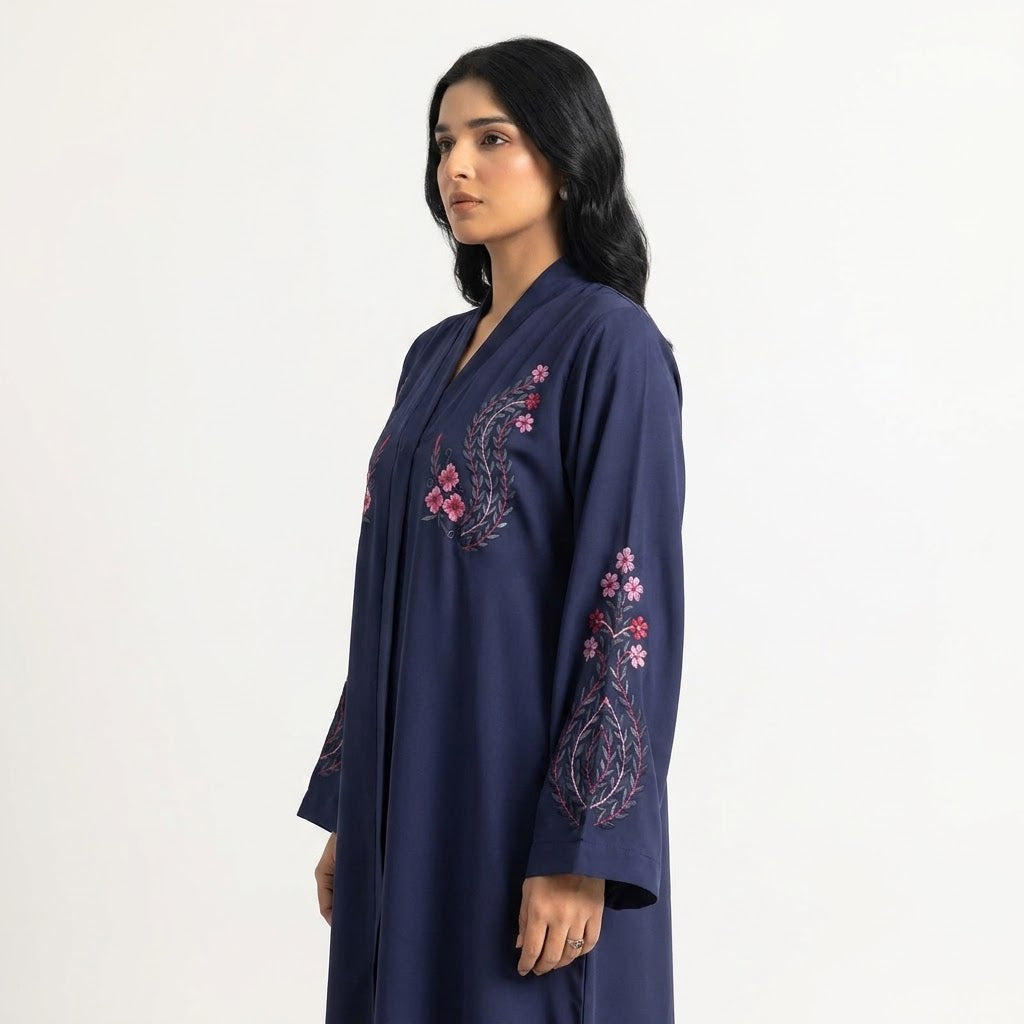 Side profile of Navy Crimson Flora Paisley Coat highlighting the silhouette