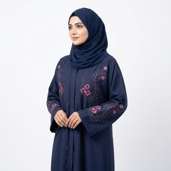 Styled look of Navy Crimson Flora Paisley Coat, perfect for semi-formal wear, festive gatherings, and daily boutique modest wear