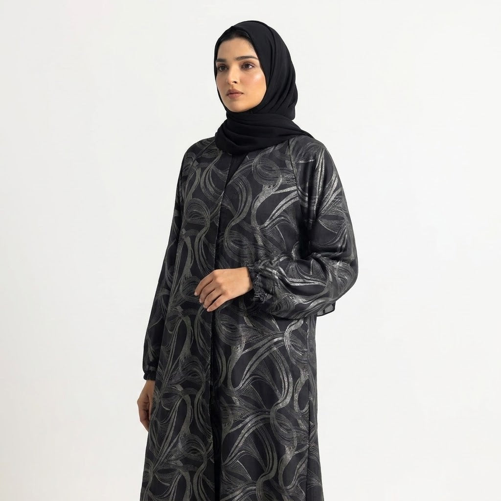 Styled look of Silver Wave Swirl Coat, perfect for formal evening wear, boutique luxury wear, and special events