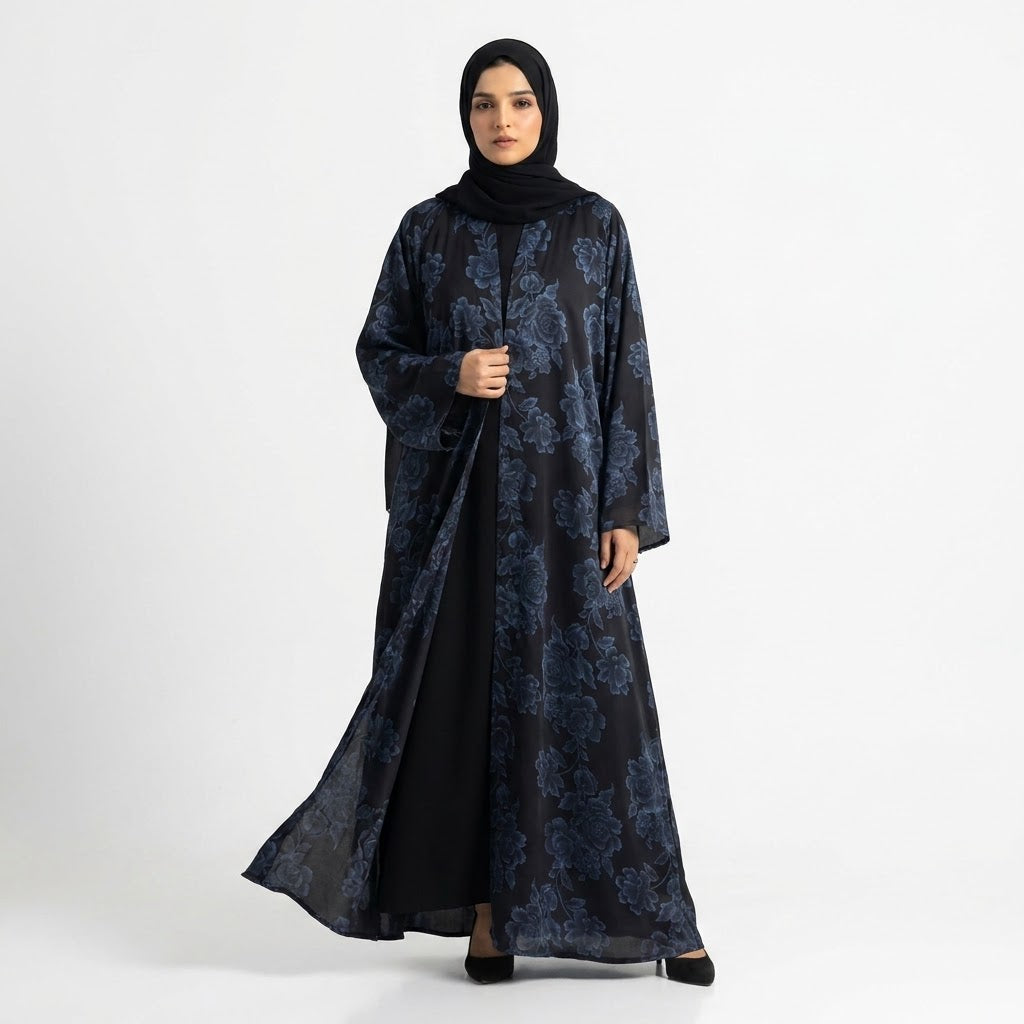 Styled look of Royal Steel Botanical Coat, perfect for semi-formal gatherings, festive wear, boutique modest wear, and evening dinners