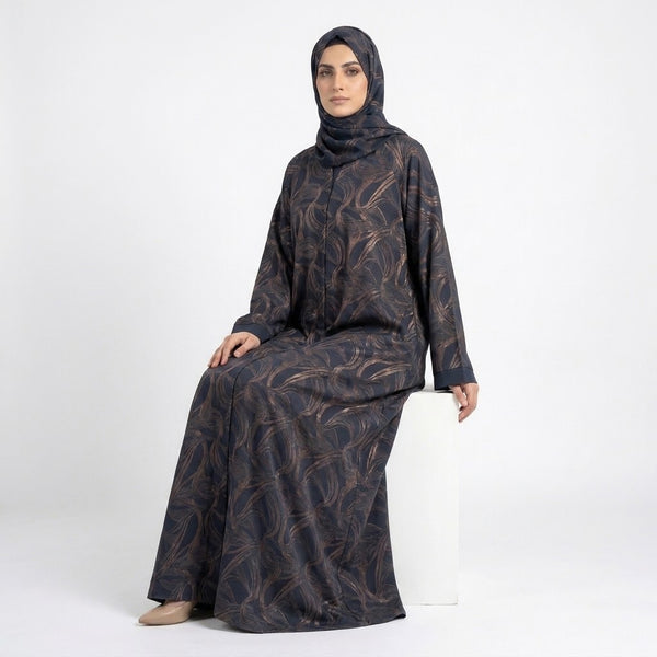 Metallic rose-gold and bronze wave pattern on black abaya