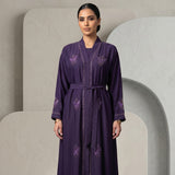 Front view of Regal Eggplant Belted Abaya showing waist belt and tonal embroidery
