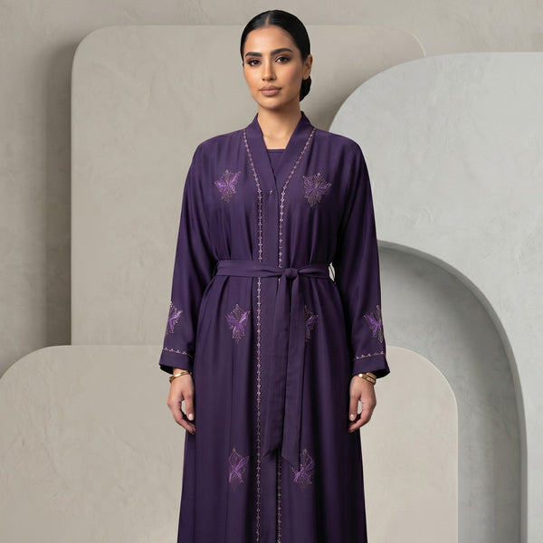 Front view of Regal Eggplant Belted Abaya showing waist belt and tonal embroidery