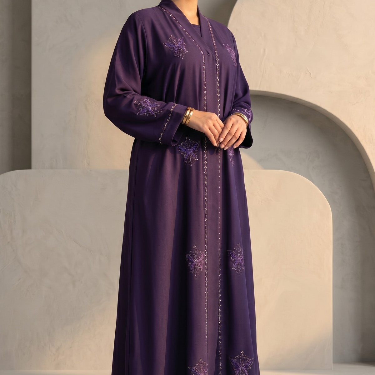 Styled front view of Regal Eggplant Belted Abaya with DMC stone accents