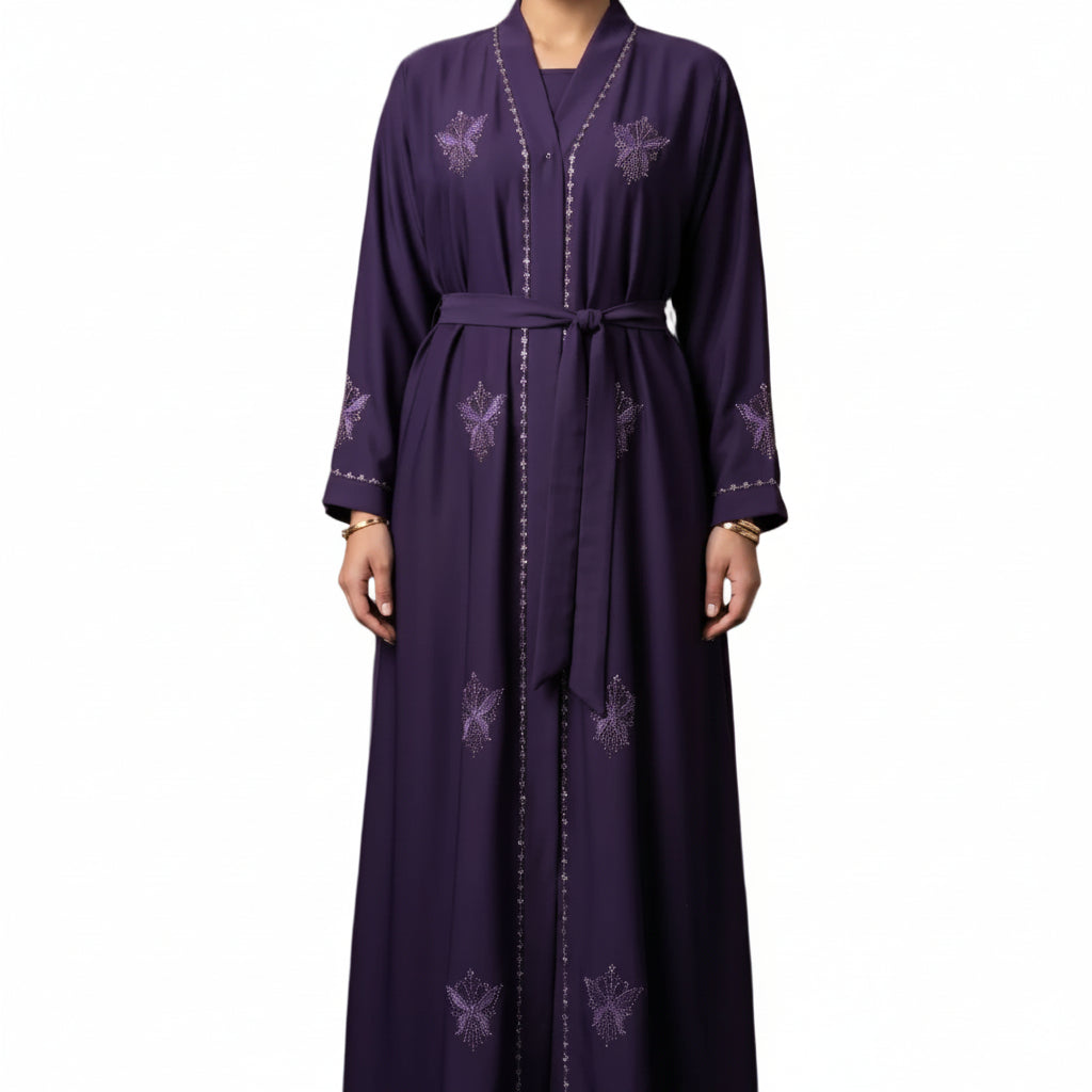 Full length front view of Regal Eggplant Belted Abaya in premium Nida fabric
