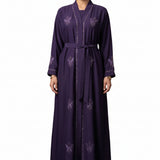Full length front view of Regal Eggplant Belted Abaya in premium Nida fabric