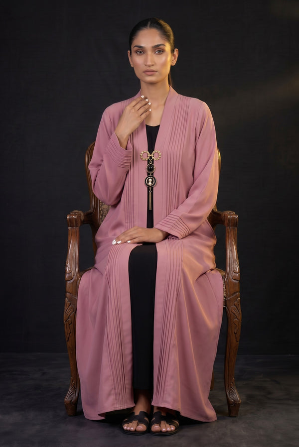 Front view of Dusty Rose Pleated Brooch Abaya - premium TikTok fabric pre-layered abaya