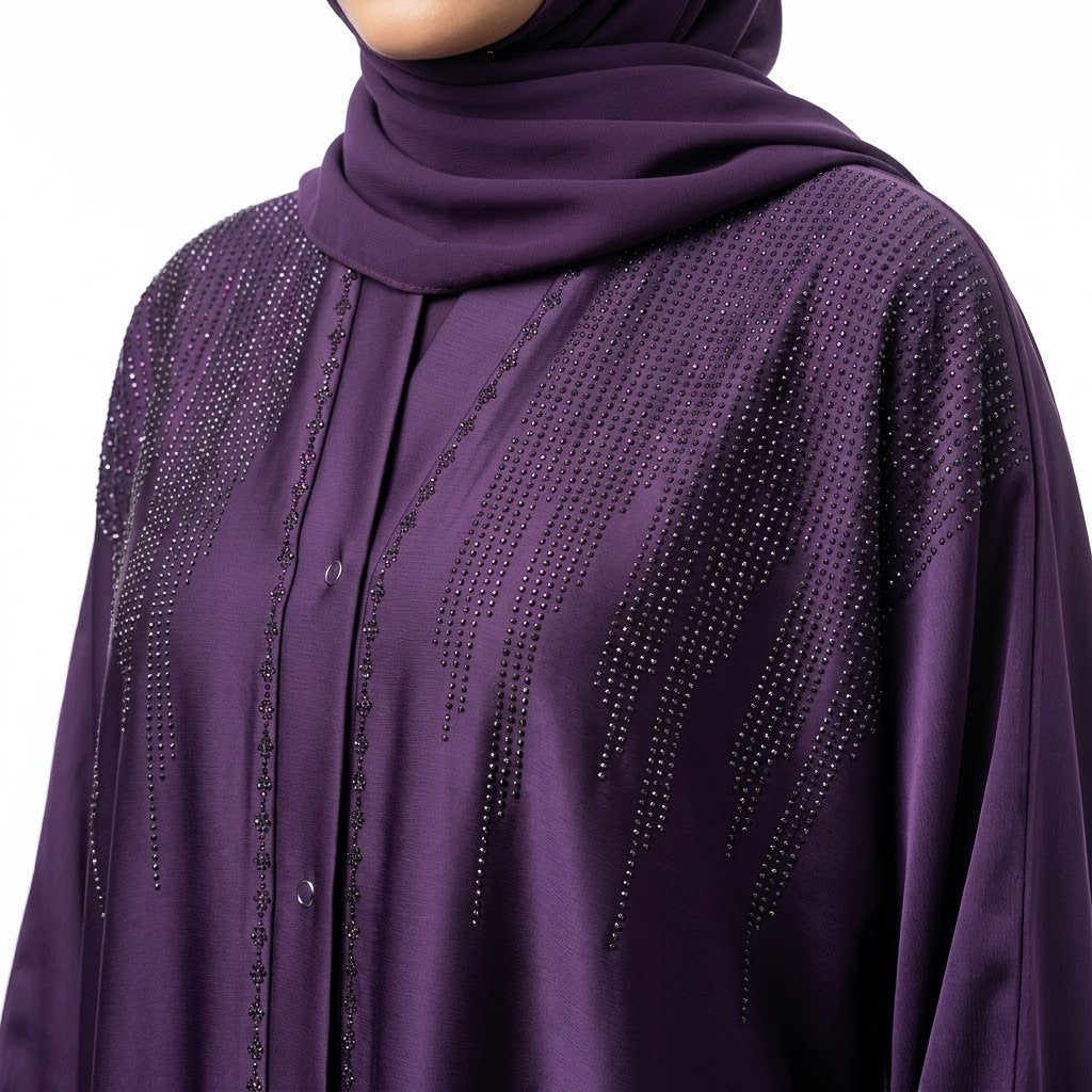 Front view of Royal Purple DMC Cascade Abaya - premium TikTok fabric modest wear