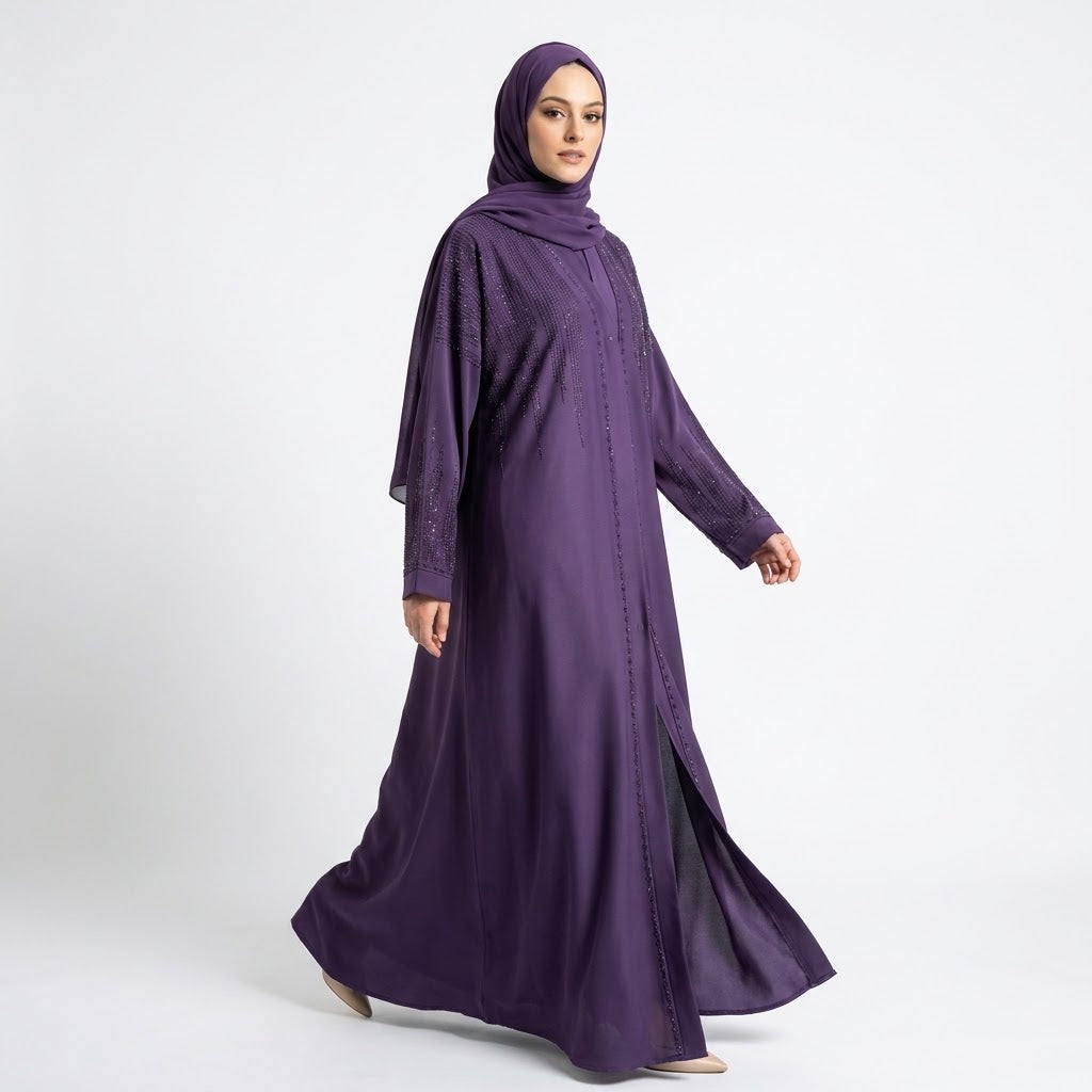 Close-up detail of Royal Purple DMC Cascade Abaya showcasing cascading DMC stones