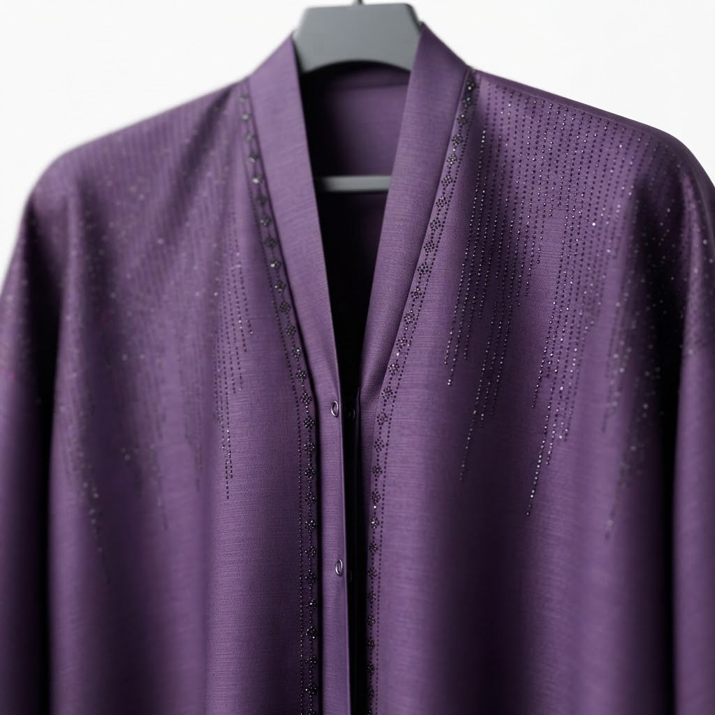 Side view of Royal Purple DMC Cascade Abaya open front abaya