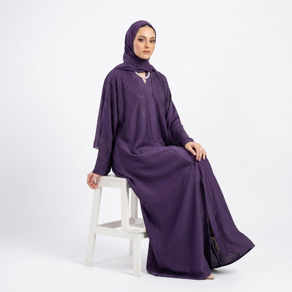 Back view of Royal Purple DMC Cascade Abaya