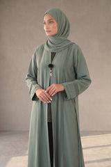Full length standing view of Sage Green Pleated Buckle Abaya