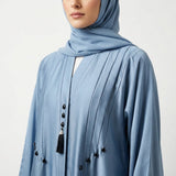 Full-length styled view of Slate Blue Teardrop Studded Coat with waist tie belt