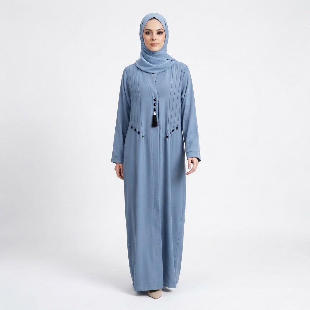 Model wearing Slate Blue Teardrop Studded Coat in open style