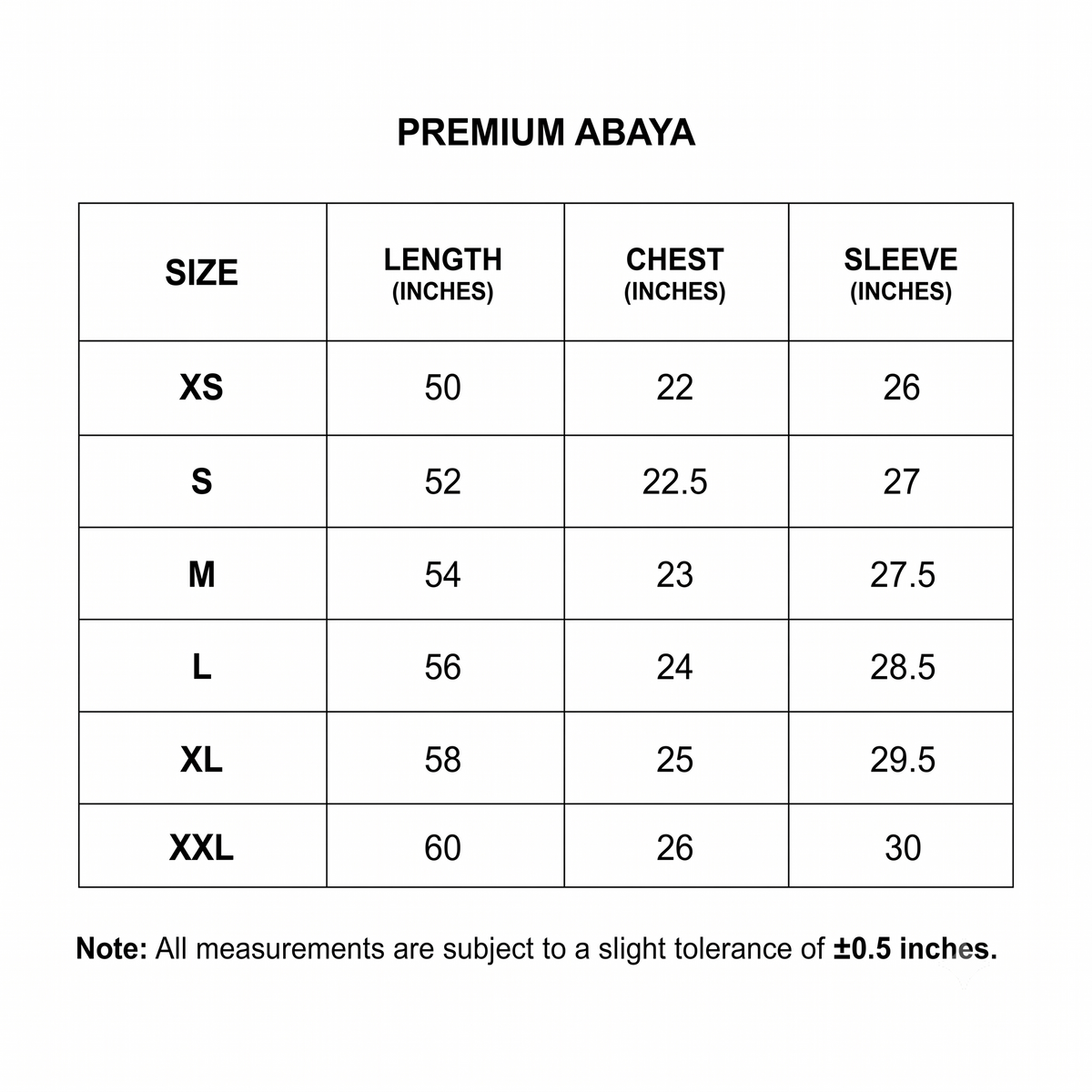 Latte Botanical Open Abaya size chart