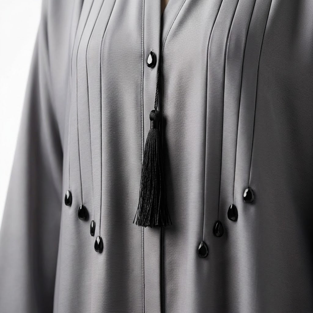 Front view of Silver Grey Teardrop Studded Coat - premium TikTok fabric open abaya