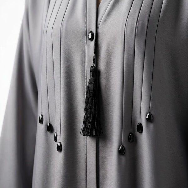 Front view of Silver Grey Teardrop Studded Coat - premium TikTok fabric open abaya