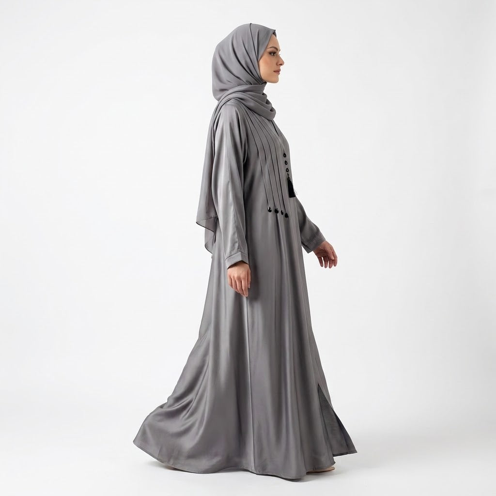 Close-up detail of Silver Grey Teardrop Studded Coat showcasing pintucks and teardrop studs