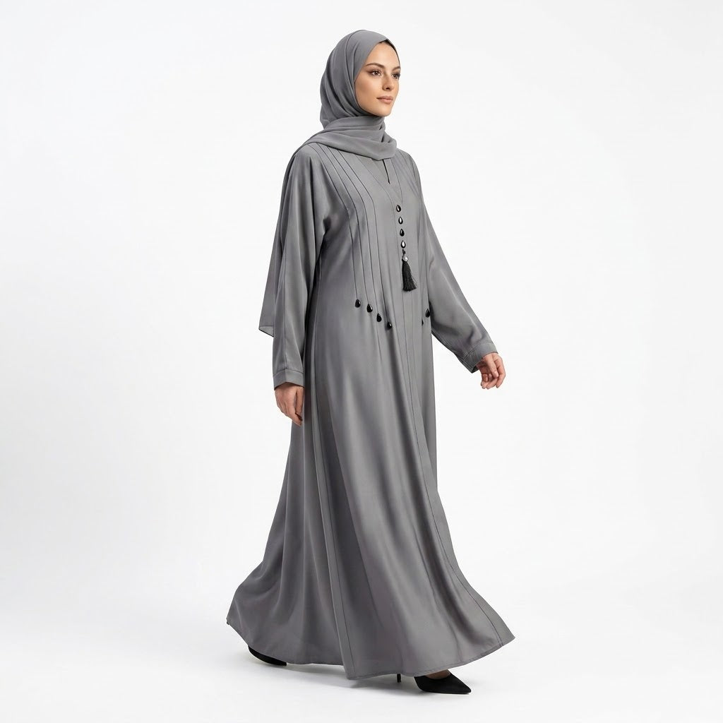 Side view of Silver Grey Teardrop Studded Coat modest abaya