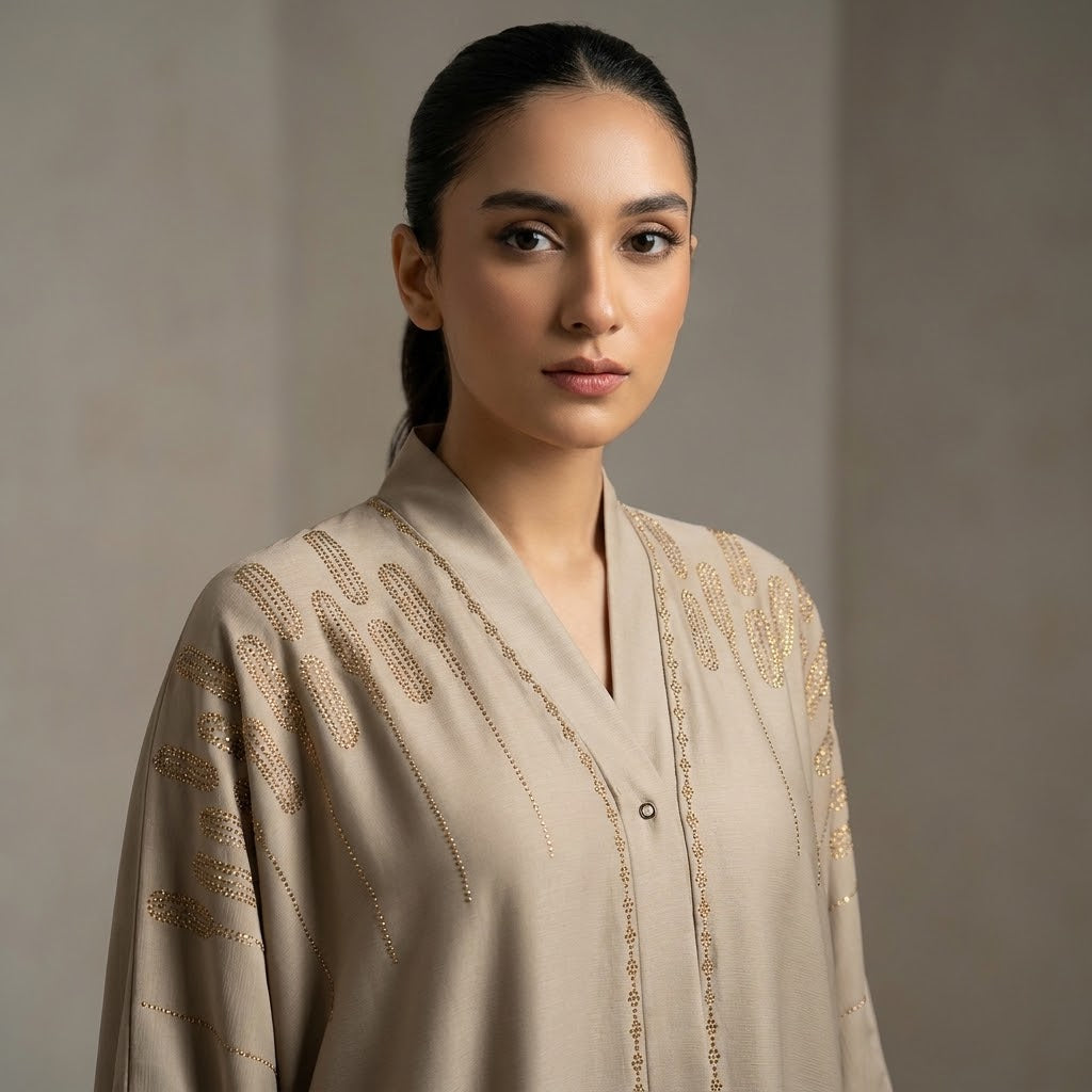Front view of Golden Cascade Abaya - premium Premium TikTok Fabric (breathable, lightweight, wrinkle-resistant, with an elegant draping quality). modest wear