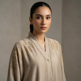 Front view of Golden Cascade Abaya - premium Premium TikTok Fabric (breathable, lightweight, wrinkle-resistant, with an elegant draping quality). modest wear