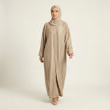Side profile of Golden Cascade Abaya highlighting the silhouette